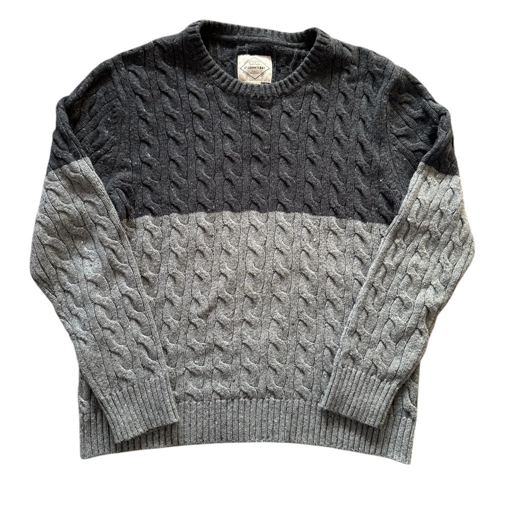 St Johns Bay Sweater Mens Large Grey Cable Knit Fisherman Crewneck